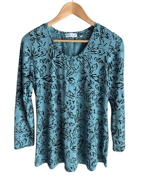 Habitat Semi-Sheer Striped Floral Top Sz S Blue Long Sleeve Shirt Minimalist EUC